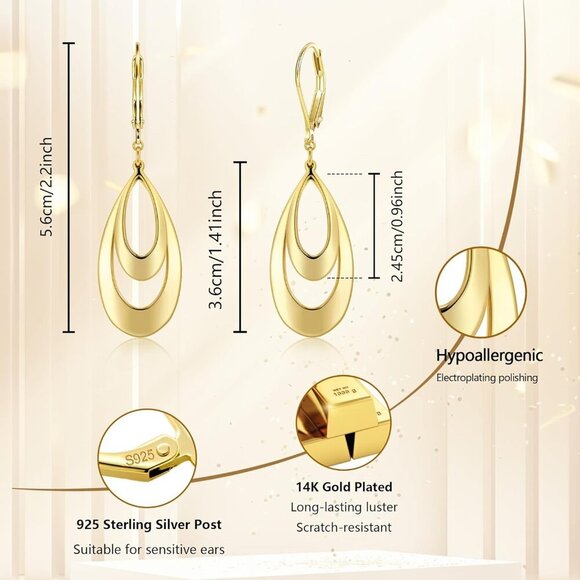 14K Gold Plated Double Teardrop Leverback Dangle Trendy Earrings for Women - Picture 4 of 6